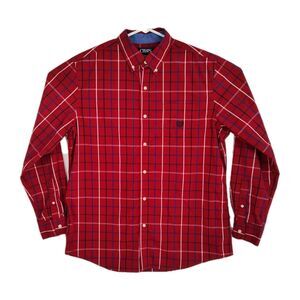Chaps Button-Up Shirt Men's L Red/Blue Plaid Long Sleeves Stretch Easy Care